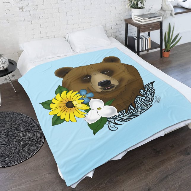 Brunbjörn Blå Blommor Fjäder Vilda Djur Fleecefilt (Skapare uppladdad)