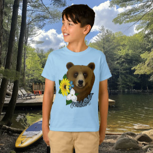 Brunbjörn Blå Blommor Fjäder Vilda Djur T Shirt