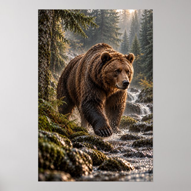 Brunbjörn Går Genom Skogsström Vilda Djur  Poster (Framsidan)