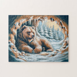 Brunbjörn i vinter Cave Pastel Chalk Teckning Pussel