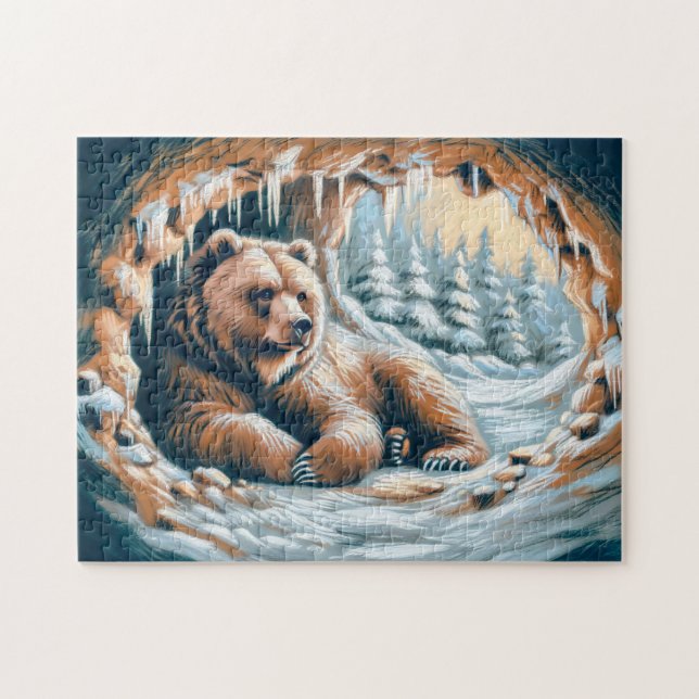 Brunbjörn i vinter Cave Pastel Chalk Teckning Pussel (Horisontell)