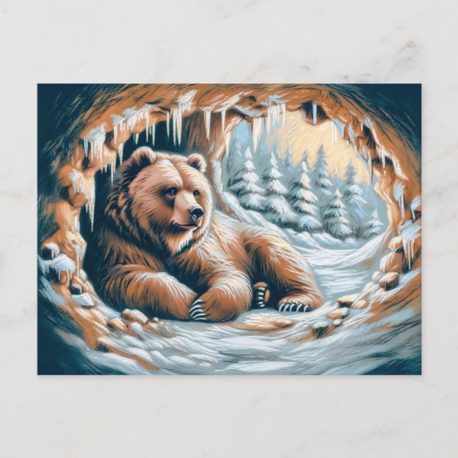 Brunbjörn i vinter Cave Pastel Chalk Teckning Vykort (Framsida)