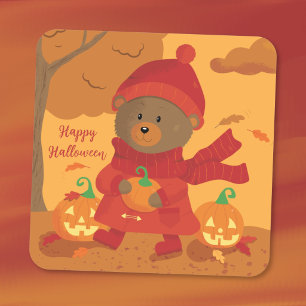 Brunbjörn med pumpa Halloween-dekal Fyrkantigt Klistermärke