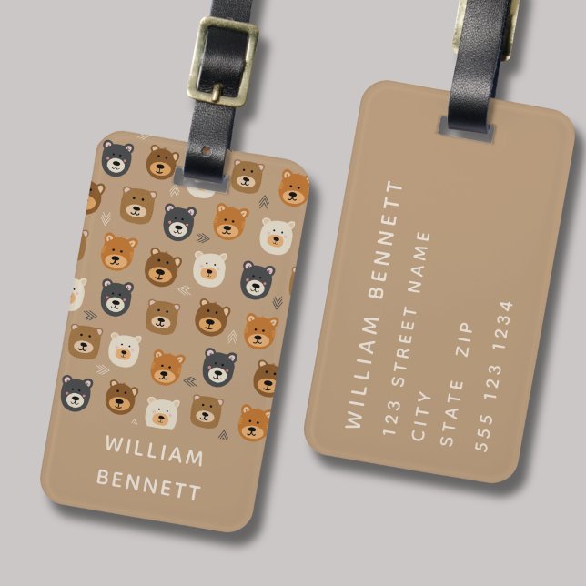 Brunbjörn namngiven resväskemärke bagagebricka (Woodland bear cute kids novelty luggage tag for travel. Personalise with your name & contact details)