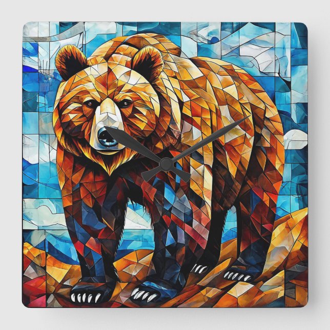 Brunbjörn 🐻✨ Rustik Skogsmoasik Naturkonst Fyrkantig Klocka (Framsida)