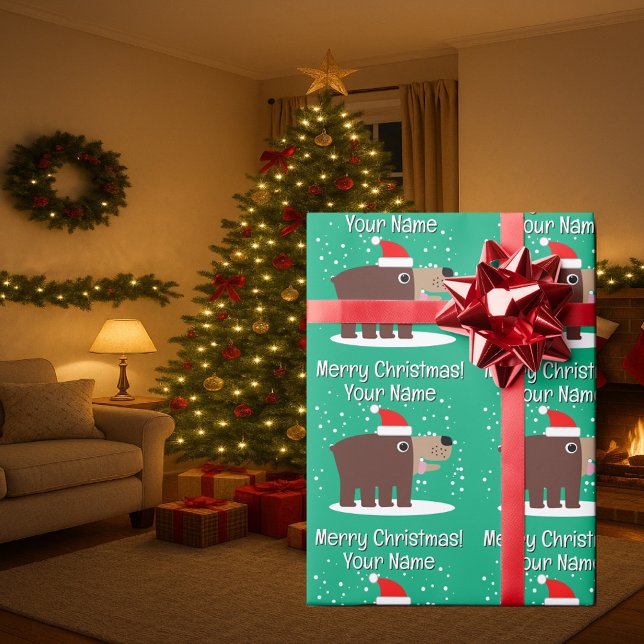 Brunbjörnssnurr med tomtehatt anpassad jul presentpapper (Christmas wrapping paper with cute Santa bear cartoon)