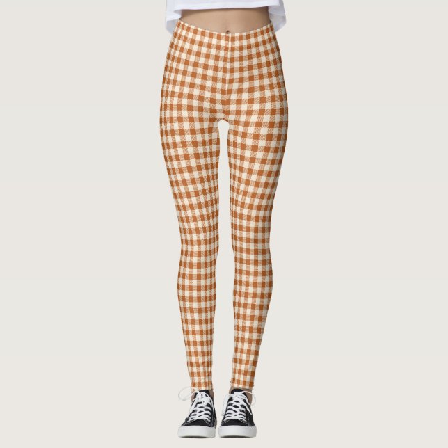 Brunbränd orange rutig mönster höstplagg leggings (Framsida)