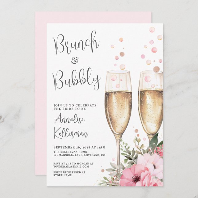 Brunch And Bubbly Floral Bridal Shower Inbjudningar (Fram/baksida)