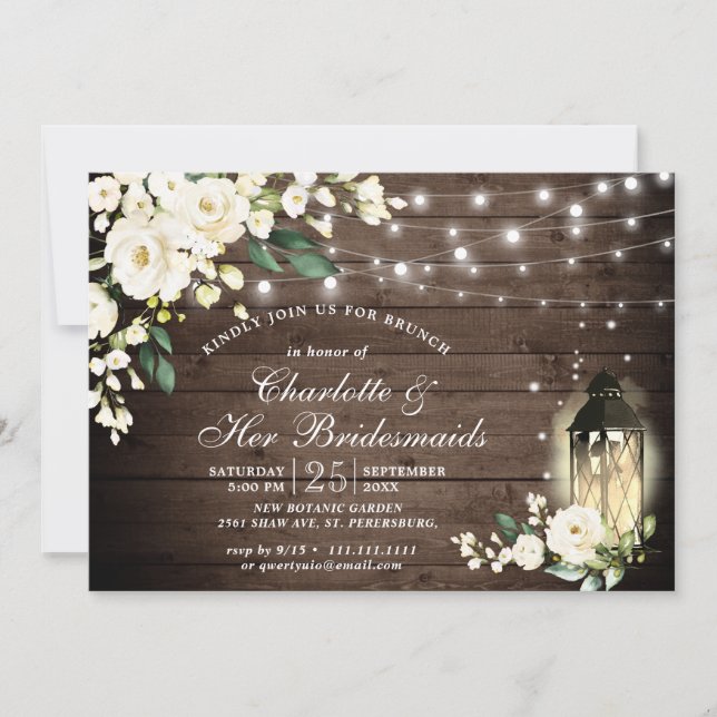 Brunch av Wood & Vit ros Lantern Bridesmaids Brunc Inbjudningar (Framsida)