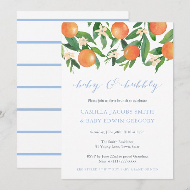 Brunch Baby Shower for Boy; Baby och Bubly Inbjudningar (Fram/baksida)