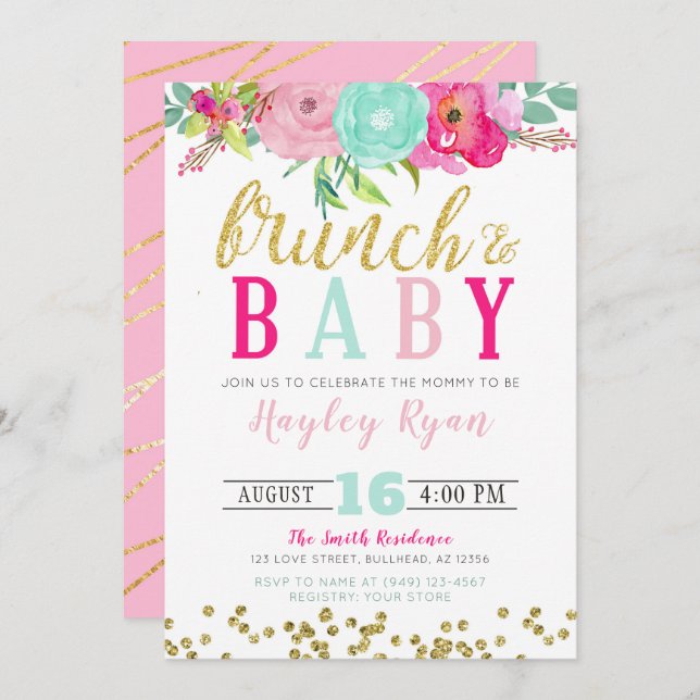 Brunch & Baby, sommarblommor Boho Guld Glitter Inbjudningar (Fram/baksida)