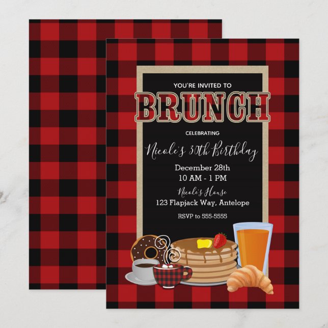Brunch Breakfast Rustic Red Black Buffalo Play Inbjudningar (Fram/baksida)