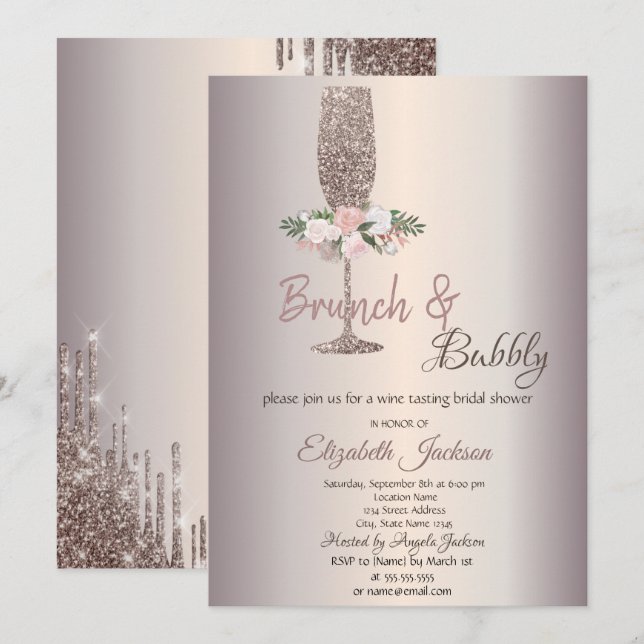 Brunch & Bubbly Blommor Rose Gold Bröllopsdusch Inbjudningar (Fram/baksida)