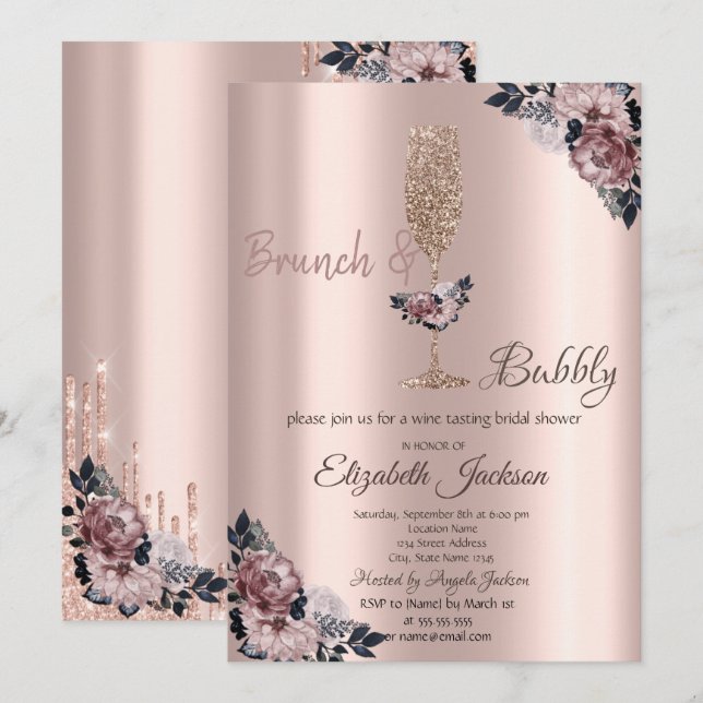 Brunch & Bubbly Blomsterdroppar Bröllopsdusch Inbjudningar (Fram/baksida)
