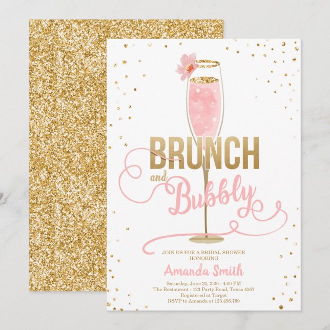 Brunch & Bubbly Bröllopsbrunch Rosa Guld Champagne Inbjudningar (Fram/baksida)