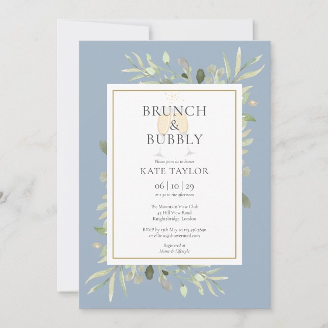 Brunch Bubbly Bröllopsdusch Grönska Dammblå Inbjudningar (Framsida)