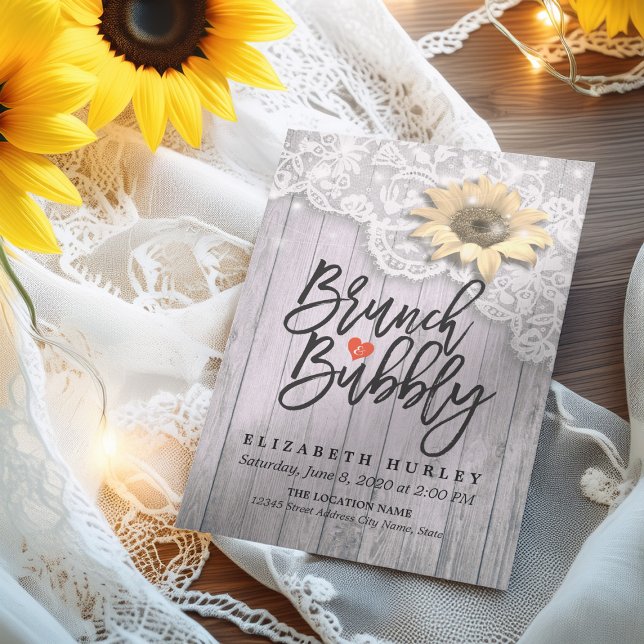 Brunch & Bubbly Bröllopsdusch Lace Solros Trä Inbjudningar (Skapare uppladdad)