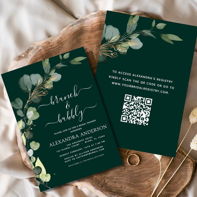 Brunch & Bubbly Bröllopsdusch QR-kod Eukalyptus Inbjudningar (Skapare uppladdad)
