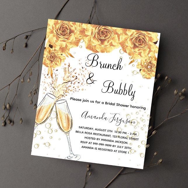 Brunch Bubbly Bröllopsfest budget inbjudan i guld Flygblad (Skapare uppladdad)