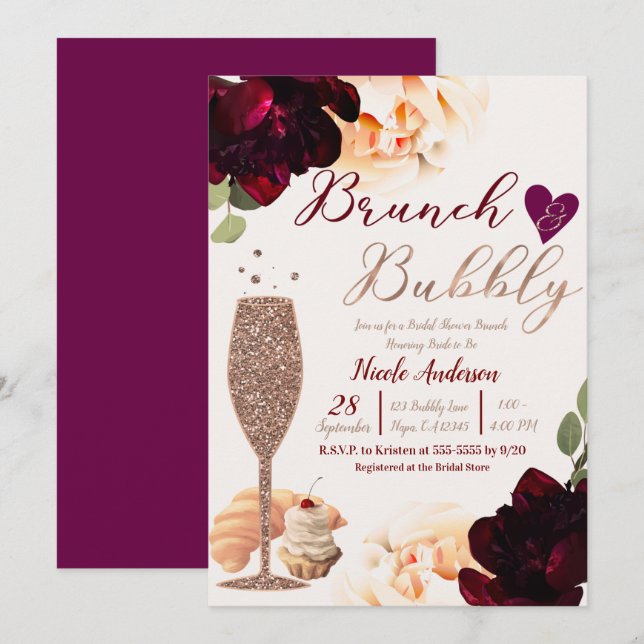 Brunch & Bubbly Champagne Rose Gold Bröllopsdusch Inbjudningar (Fram/baksida)