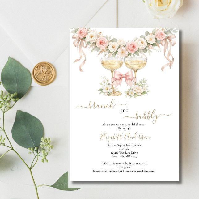 Brunch Bubbly Champagneglas Rosa Bröllopsdusch Inbjudningar (Brunch Bubbly Pink Florals Champagne Glasses Bridal Shower Couples Shower Invitation. )