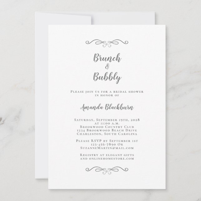 Brunch & Bubbly Elegant Grå Vit Bröllopsbrudskväll Inbjudningar (Framsida)