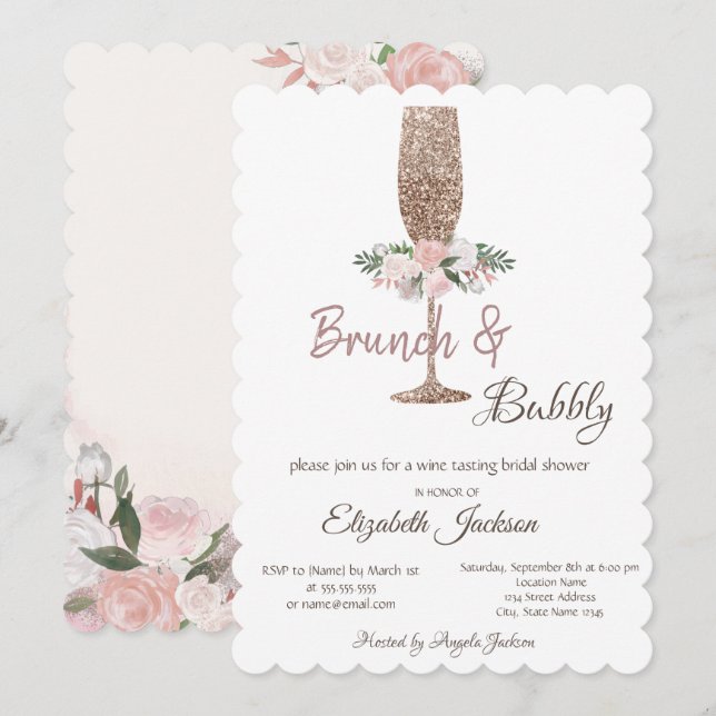 Brunch & Bubbly Glitter Vin Glas Bröllopsdusch Inbjudningar (Fram/baksida)