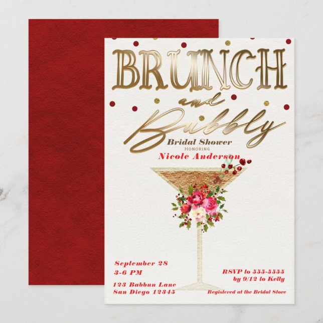 Brunch & Bubbly Guld Röd Holiday Bröllopsdusch Inbjudningar (Fram/baksida)