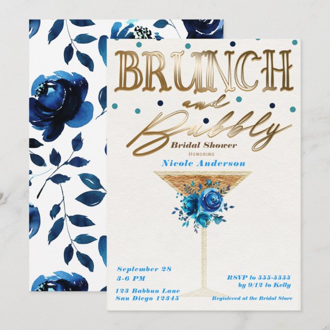 Brunch Bubbly Guld Teal Blå Blommig Bröllopsdusch Inbjudningar (Fram/baksida)