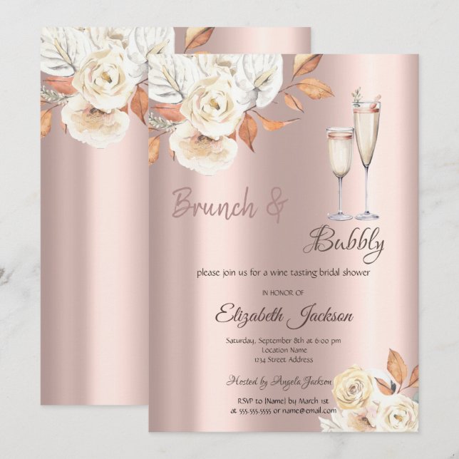 Brunch & Bubbly Höstblommor Bröllopsdusch Inbjudningar (Fram/baksida)