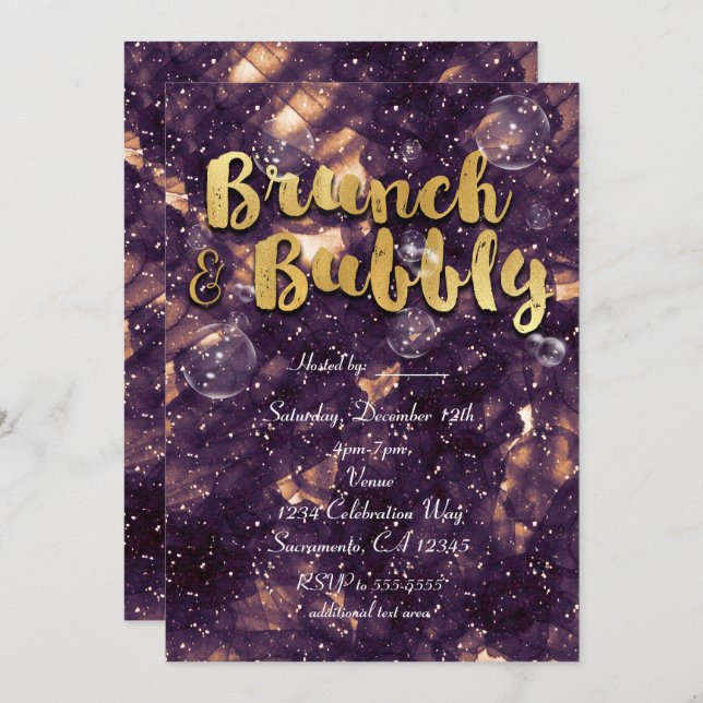 Brunch & Bubbly Lila Guld Glam Chic Inbjudningar (Fram/baksida)