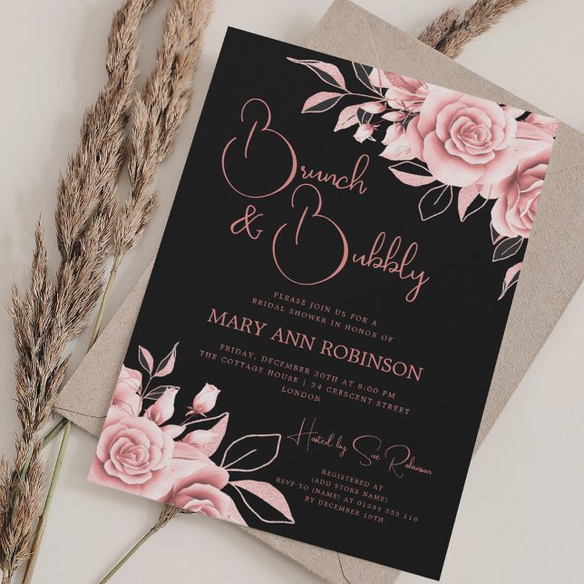 BRUNCH BUBBLY Ro Guld Blommigt Möhippa Black Inbjudningar (BRUNCH BUBBLY Rose Gold Floral Bridal Shower Black Invitation)