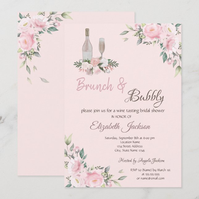 Brunch & Bubbly Rosa Blommor Bröllopsdusch Inbjudningar (Fram/baksida)