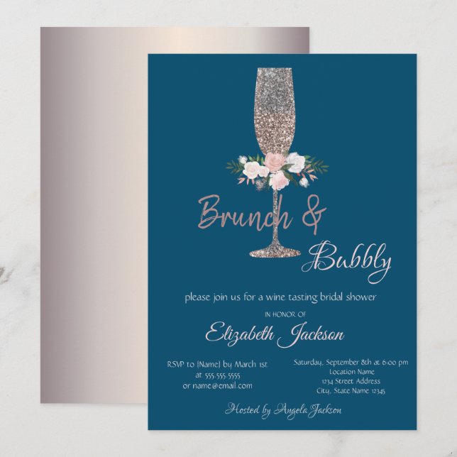 Brunch & Bubbly Rose Gold Bröllopsdusch Inbjudningar (Fram/baksida)