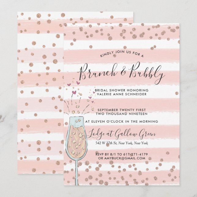Brunch & Bubbly Rose Gold Champagne Bröllopsdusch Inbjudningar (Fram/baksida)