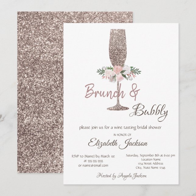 Brunch & Bubbly Rose Gold Glitter Bröllopsdusch Inbjudningar (Fram/baksida)