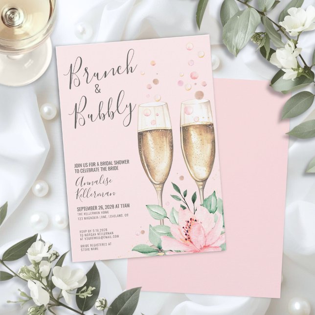 Brunch Bubbly Rosenskift Blommig Bröllopsdusch Inbjudningar (Brunch Bubbly Blush Pink Floral Bridal Shower Invitation)