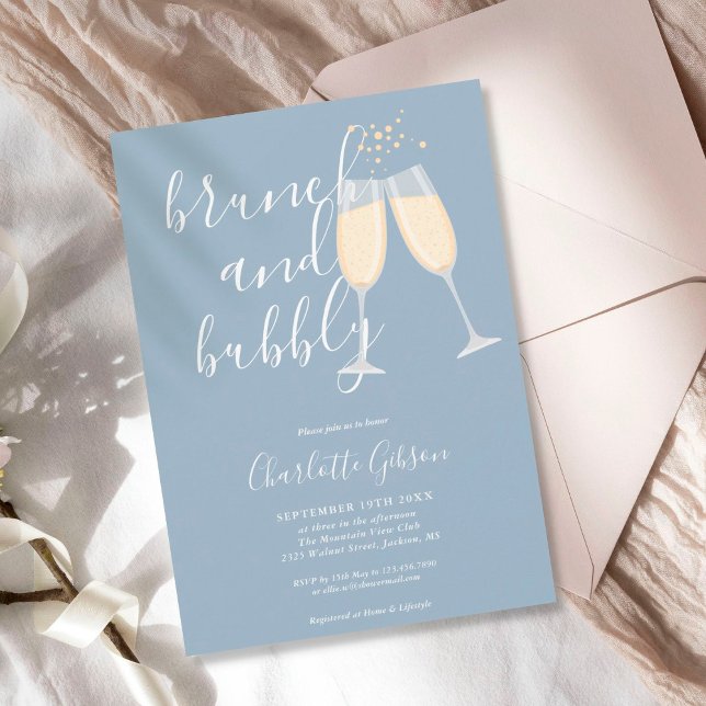 Brunch Bubbly Script Bröllopsdusch Dusty Blue Inbjudningar (Skapare uppladdad)