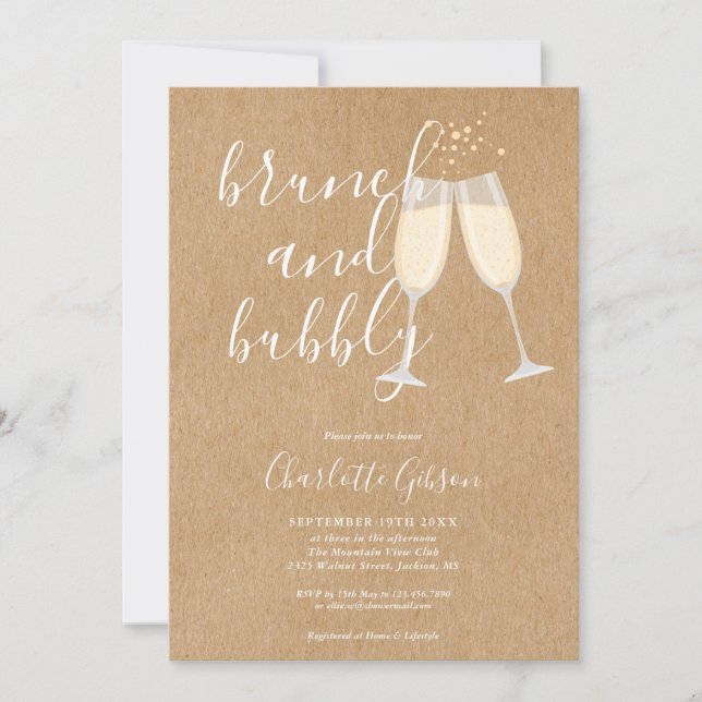Brunch Bubbly Script Bröllopsdusch Rustik Kraft Inbjudningar (Framsida)