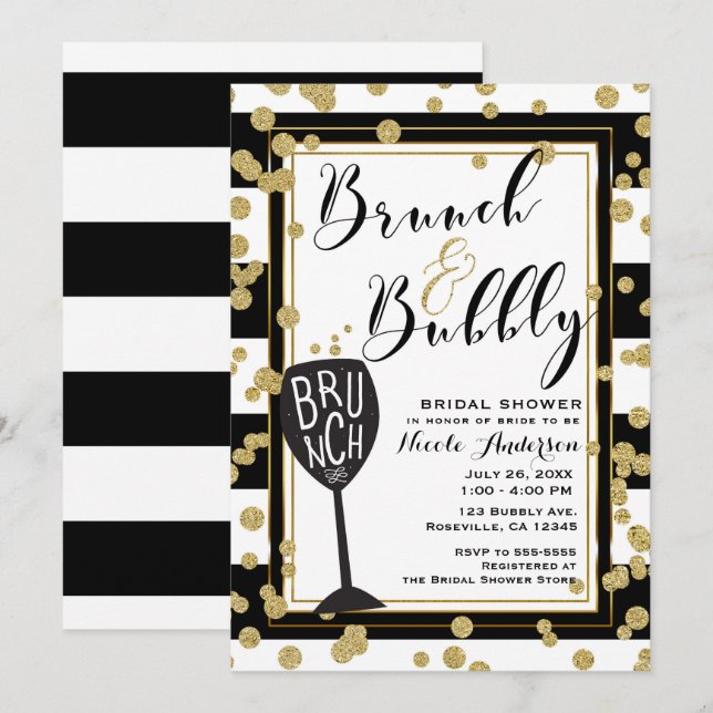 Brunch & Bubbly Svarta Vita Ränder Guld Konfetti Inbjudningar (Fram/baksida)