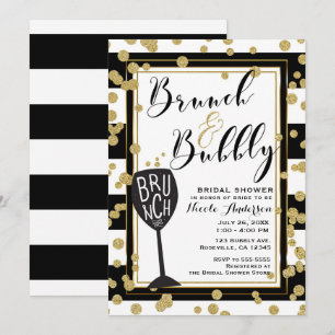 Brunch & Bubbly Svarta Vita Ränder Guld Konfetti Inbjudningar