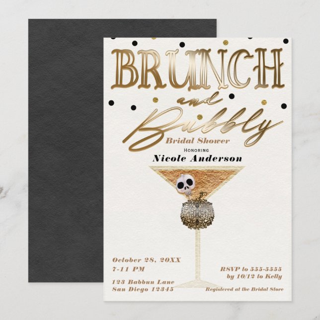 Brunch & Bubbly Vin Guld Halloween Bröllopsdusch Inbjudningar (Fram/baksida)