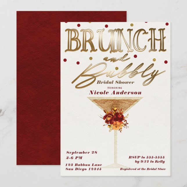 Brunch & Bubbly Vin Guld Röd Höst Bröllopsdusch Inbjudningar (Fram/baksida)