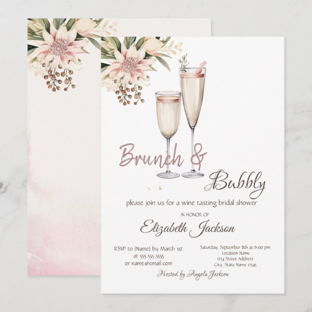 Brunch & Bubbly Vinglas Blommig Bröllopsfest Inbjudningar (Fram/baksida)