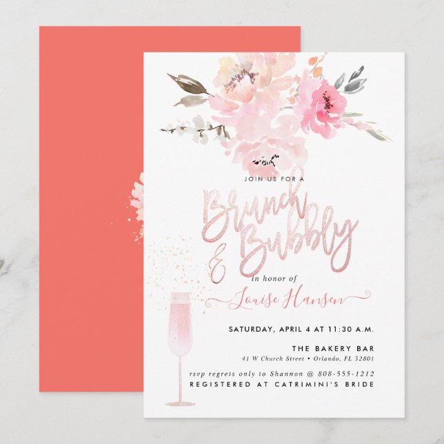 Brunch+Bubbly, Watercolor Rosa Peonies Inbjudningar (Fram/baksida)