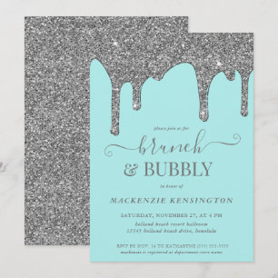 Brunch BubLY (Aqua Blue Teal Silver Glitter) Inbjudningar