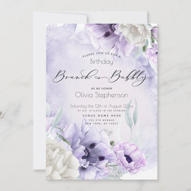 Brunch BubLY Birthday Watercolor Lilac Poppy Inbjudningar (Framsida)