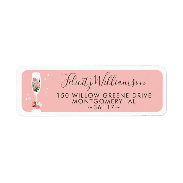 Brunch & BubLY Blommigt Champagne Vin Glass Rosa Returadress Etikett (Framsidan)