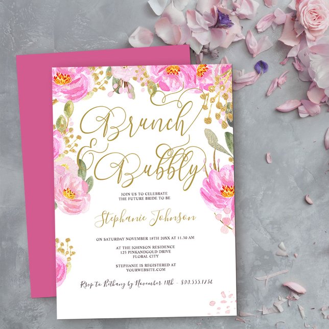 Brunch & Bubly Blommigt Rosa och Guld Möhippa Inbjudningar (Bridal Shower brunch & bubbly invite from my Pink and Gold Watercolor Floral Collection
)