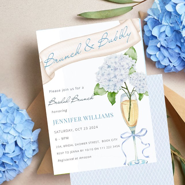 Brunch & Bubly Blue Hydrangea-Möhippa Inbjudningar (Brunch and Bubbly Hydrangea Bridal Shower Invitation)